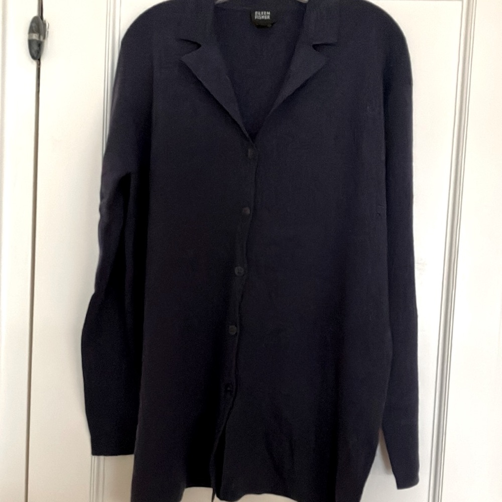 EILEEN FISHER dark blue-purple-gray wool sweater jacket Size L